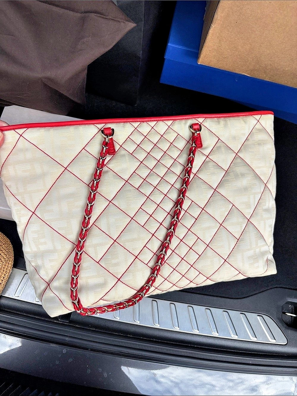 Fendi Zucca Quilted Canvas Roll Tote Monogram Shoulder Bag in White & Red Like